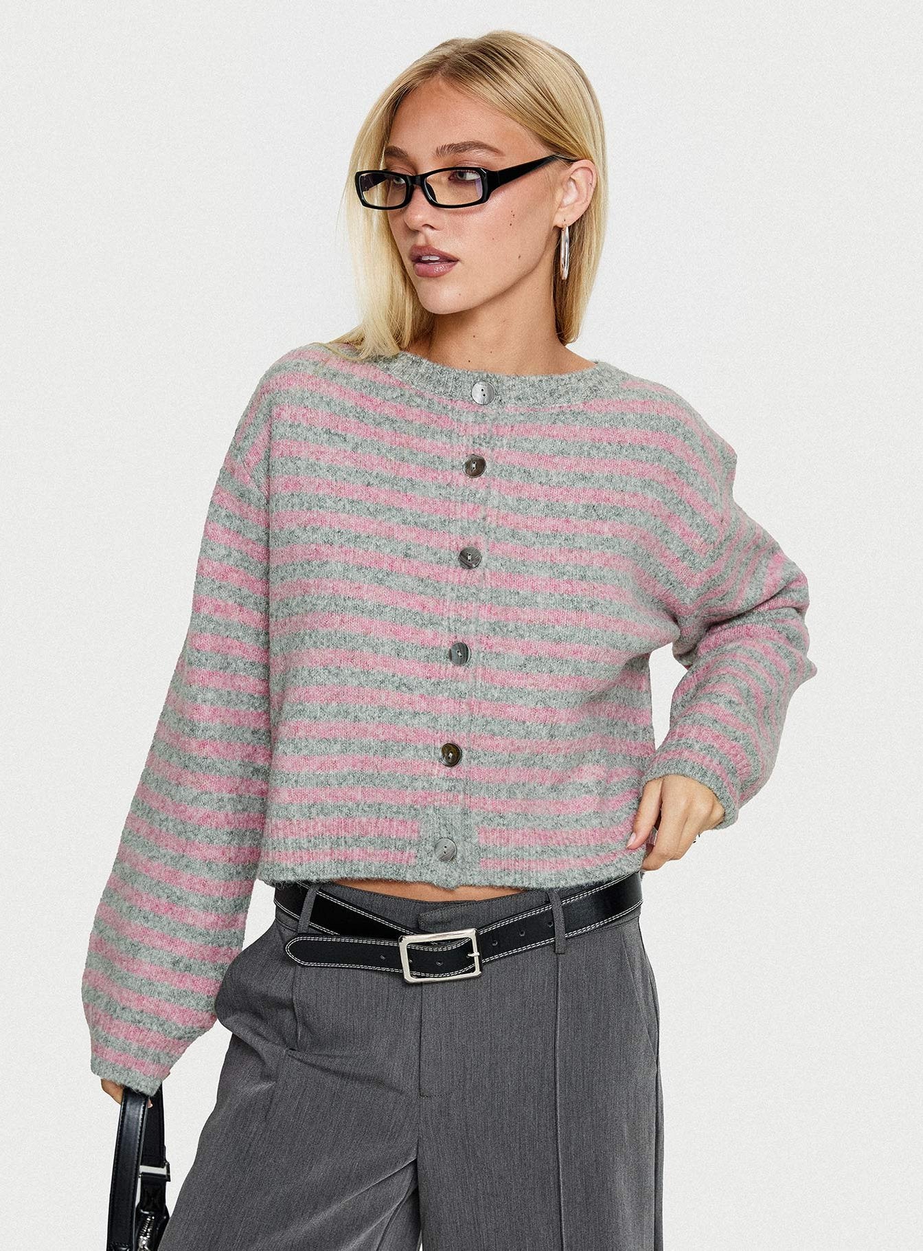 Raynna Button Up Cardigan Pink / Grey Stripe women's sweater by Ellevoria