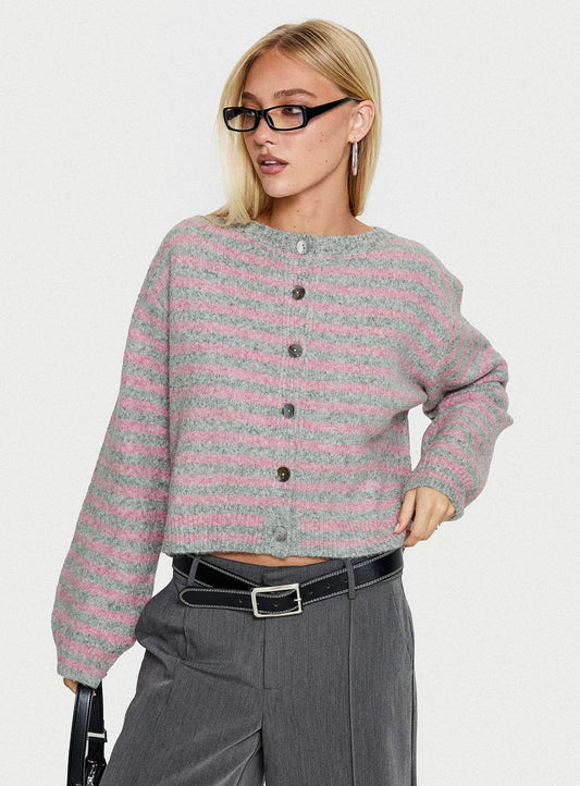 Raynna Button Up Cardigan Pink / Grey Stripe women's sweater by Ellevoria