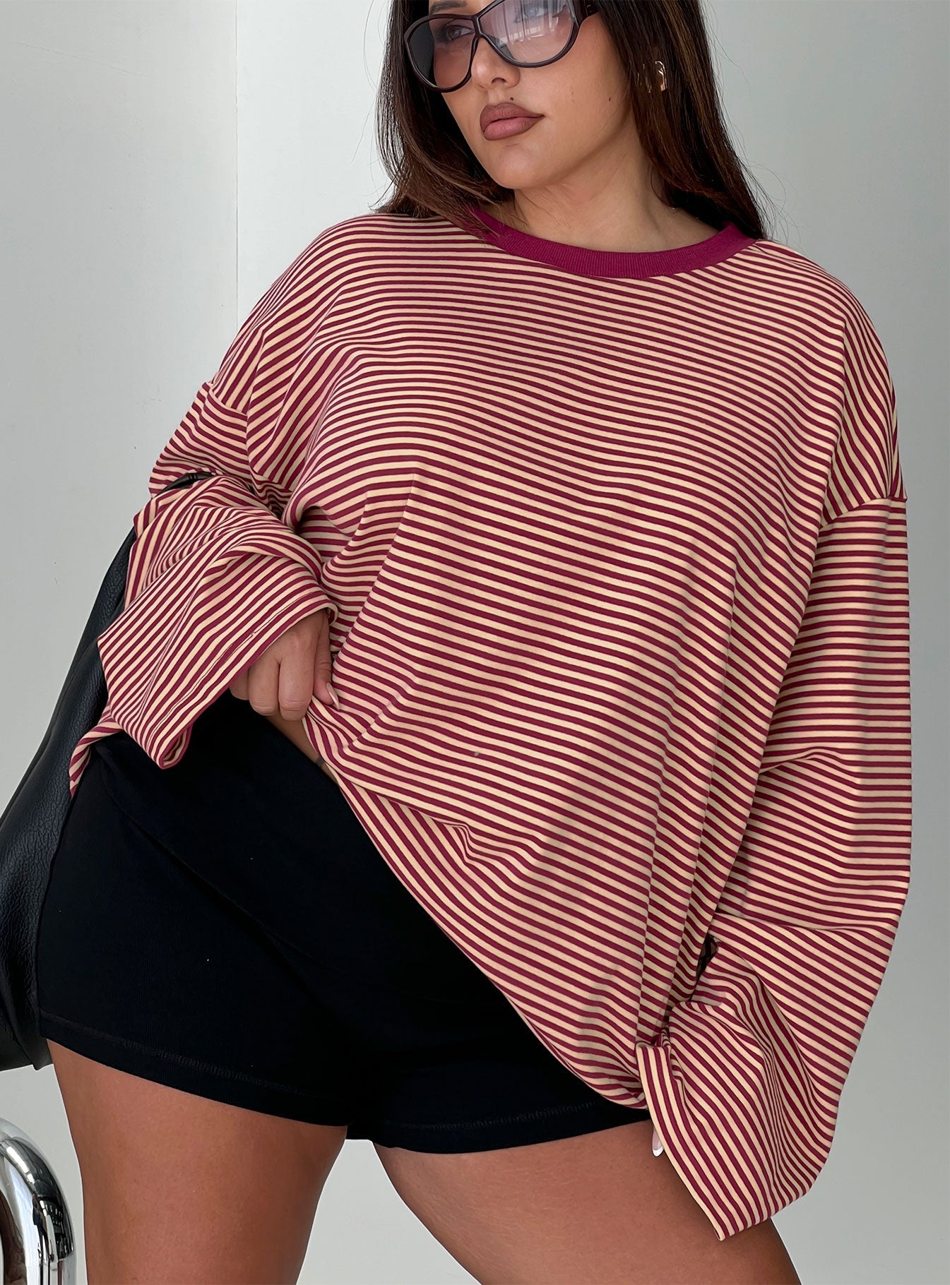Settle Down Long Sleeve Top Lemon / Burgundy Stripe Curve women's matching set by Ellevoria