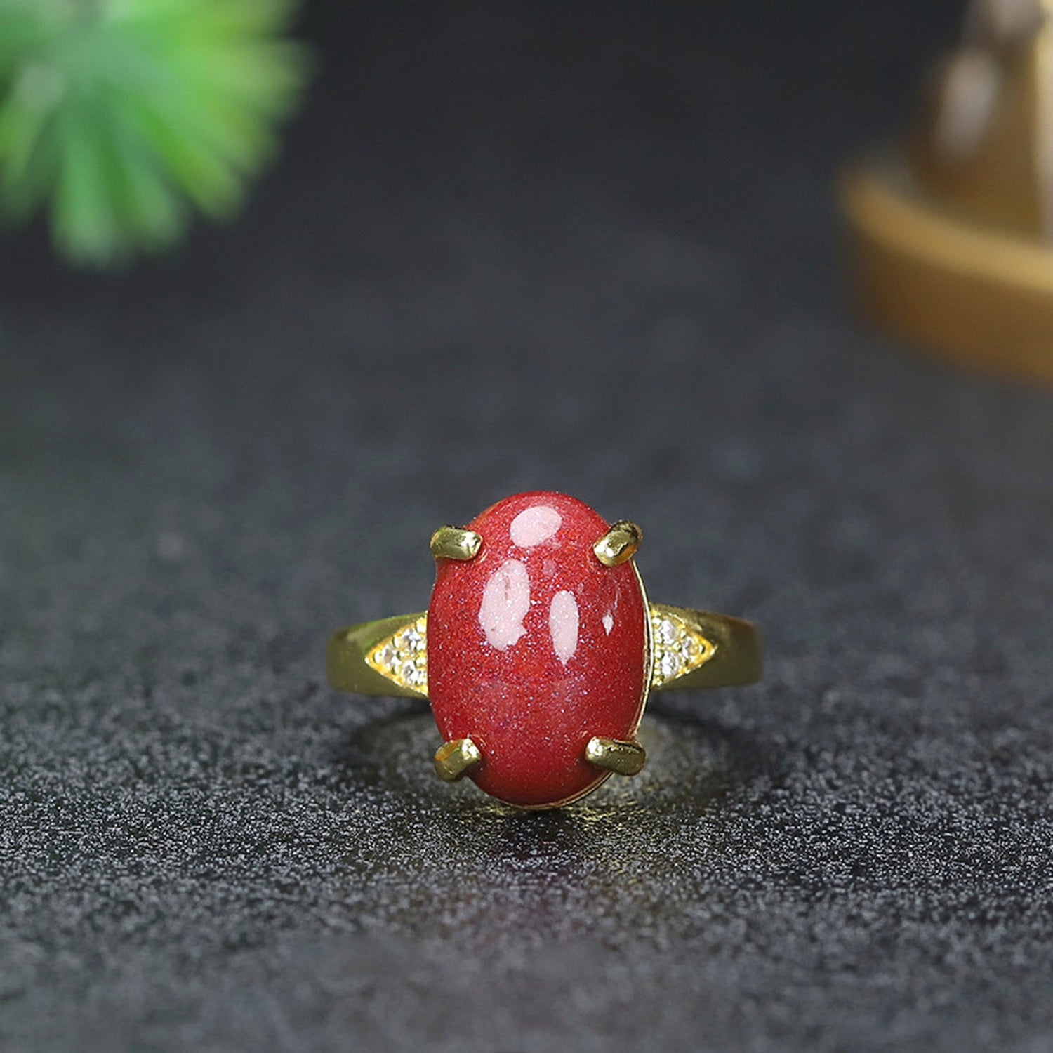 Blessing & Courage Oval Red Cinnabar Adjustable Statement Ring