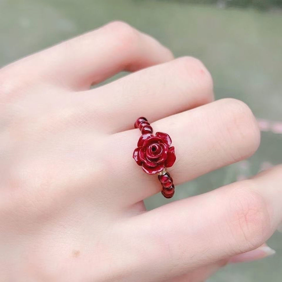 Love & Devotion Red Cinnabar Rose Beaded Ring