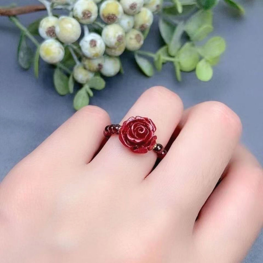 Love & Devotion Red Cinnabar Rose Beaded Ring