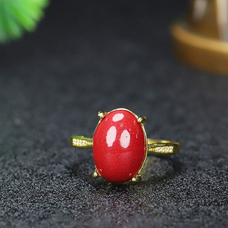 Blessing & Courage Oval Red Cinnabar Adjustable Statement Ring