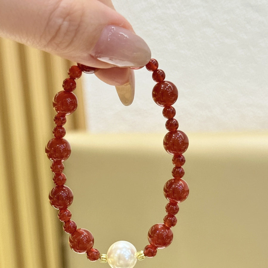 Faith & Blessing Red Cinnabar Bead Bracelet with Pearl Accent
