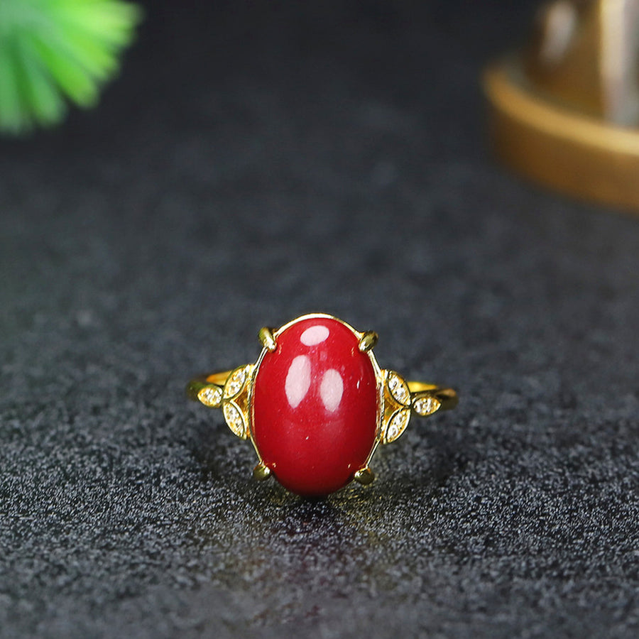 Blessing & Courage Oval Red Cinnabar Adjustable Statement Ring