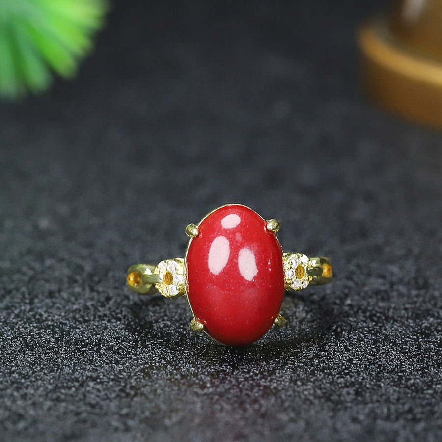 Blessing & Courage Oval Red Cinnabar Adjustable Statement Ring