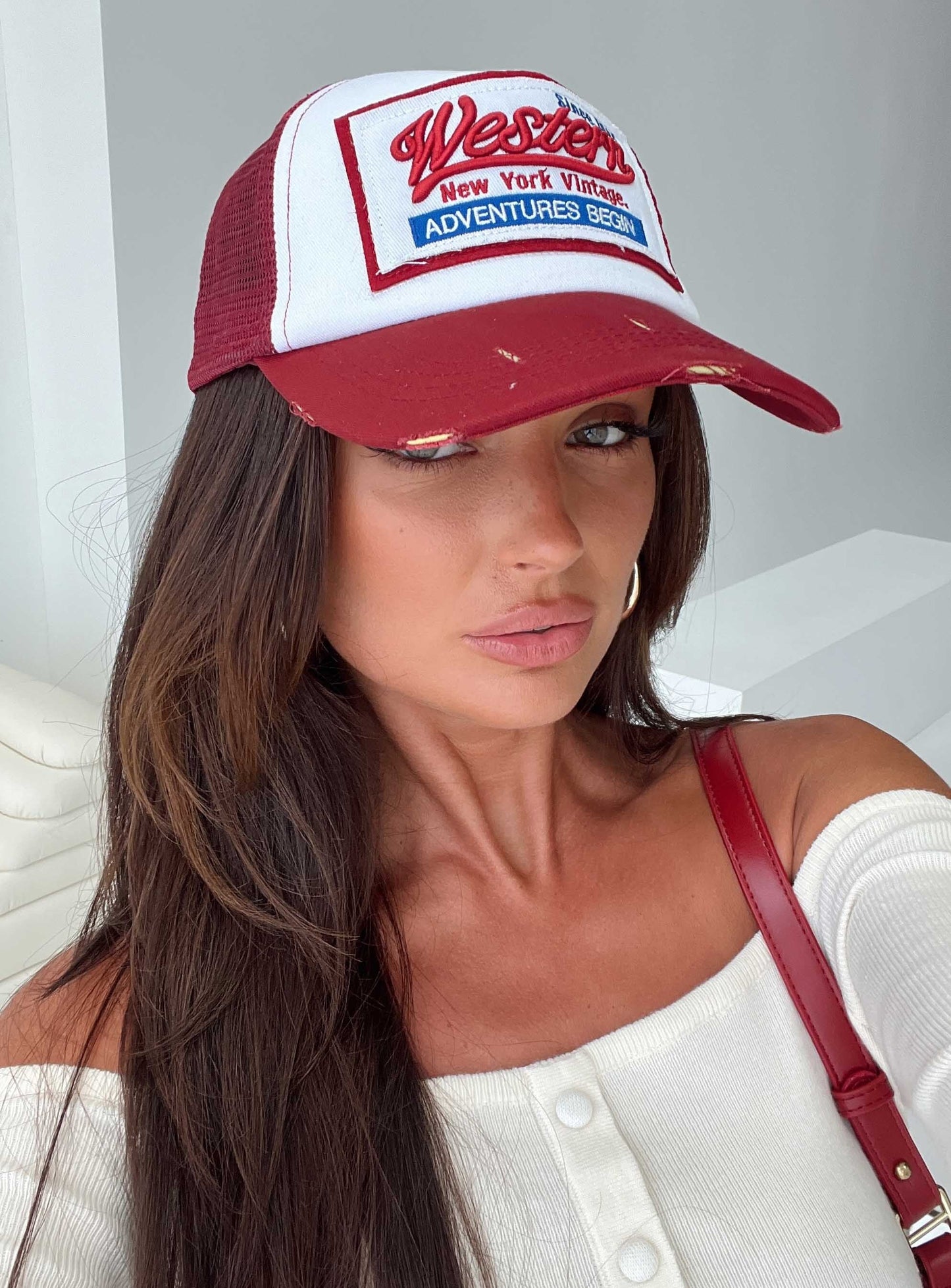 Adventures Trucker Hat Burgundy women's accessory by Ellevoria
