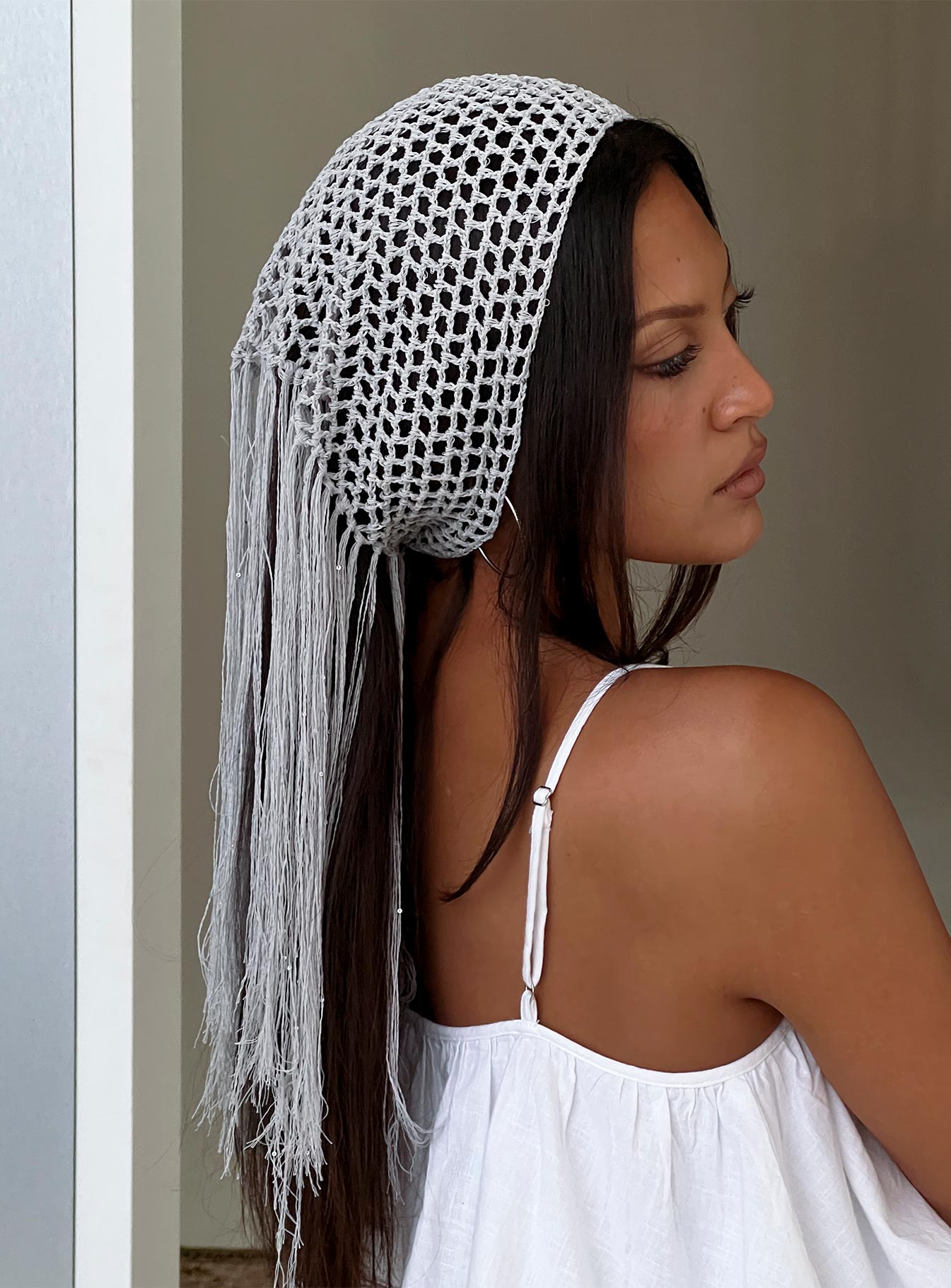 Briee Fringe Detail Hair Scarf Silver women's hair accessory by Ellevoria