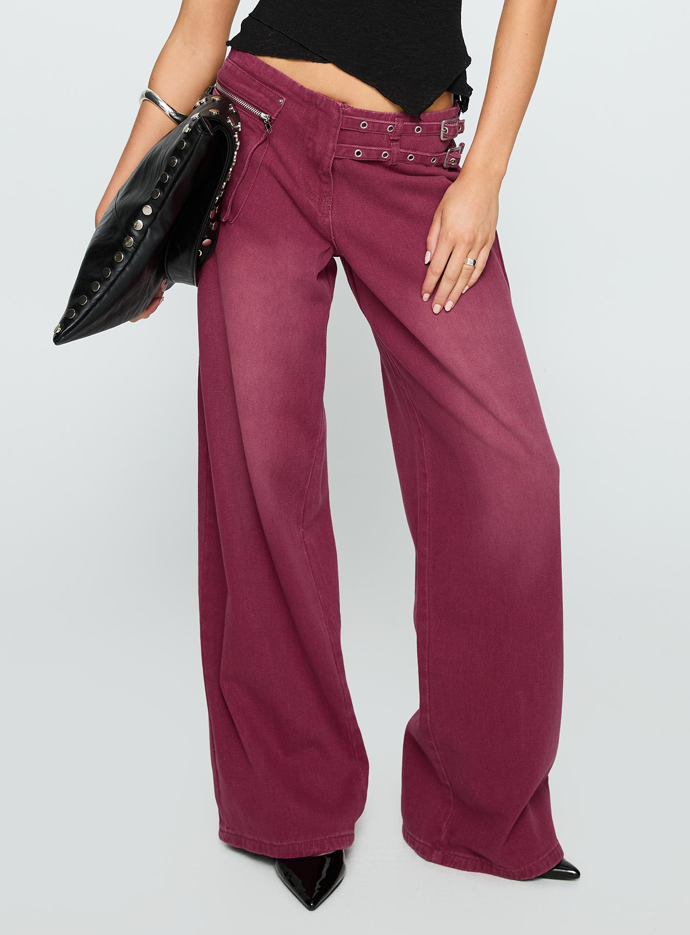 Paltrow Mid Rise Wide Leg Cargo Jeans Washed Burgundy women's denim jeans by Ellevoria