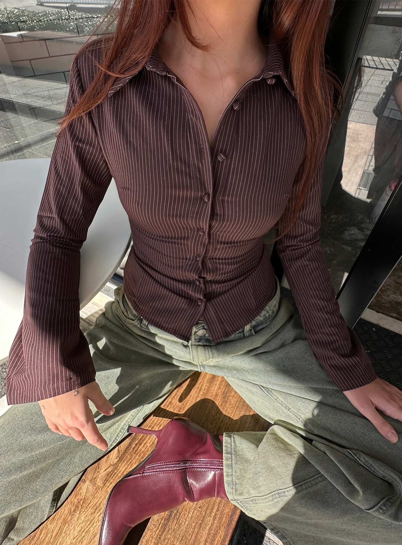 Anni Pinstripe Shirt Brown - women's shirt by Ellevoria - view 8