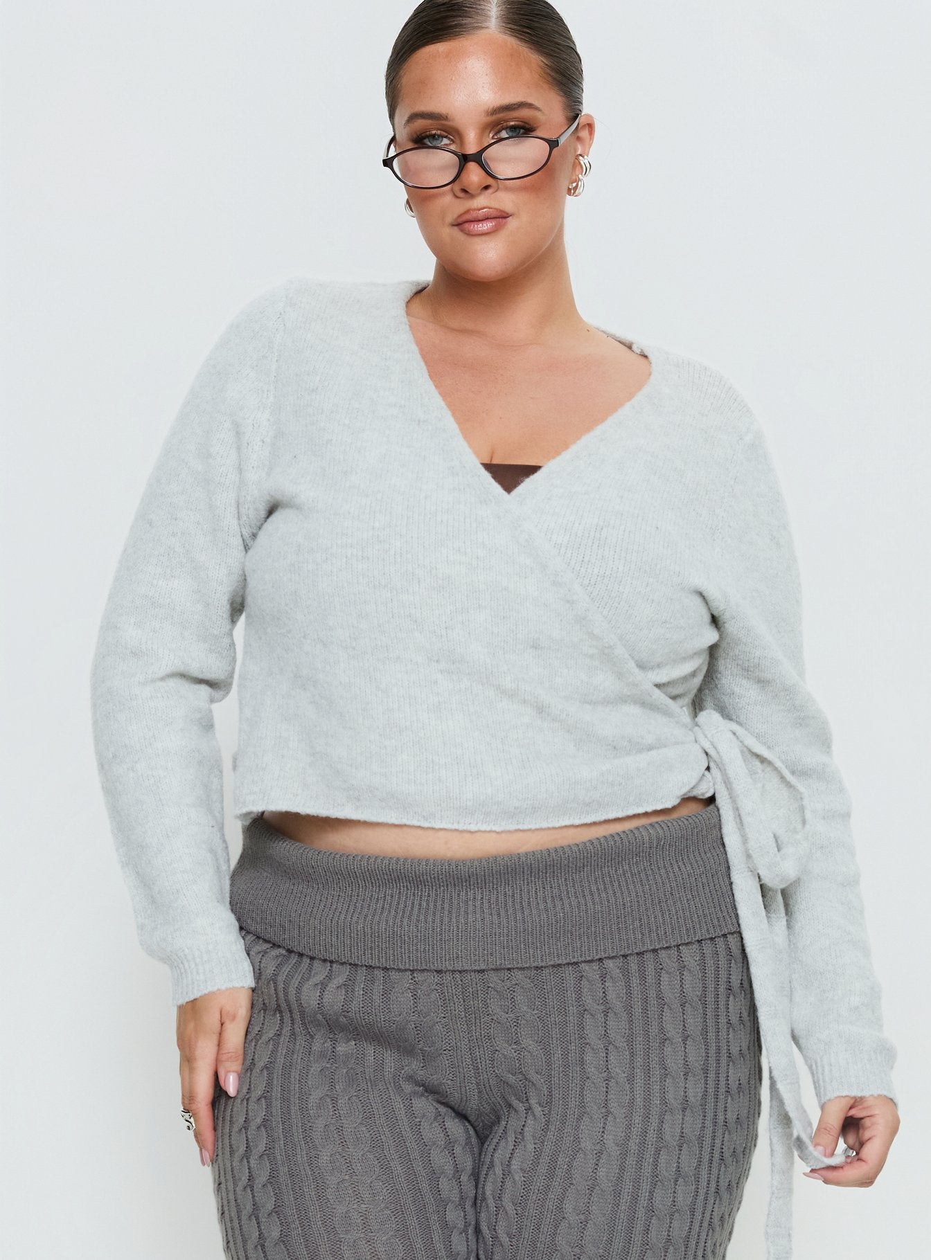 Tonee Wrap Knit Cardigan Grey Curve women's sweater by Ellevoria