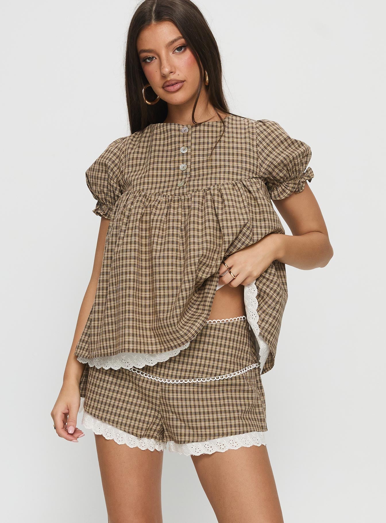 Chandelier Mini Lace Trim Shorts Brown Check women's two piece set by Ellevoria