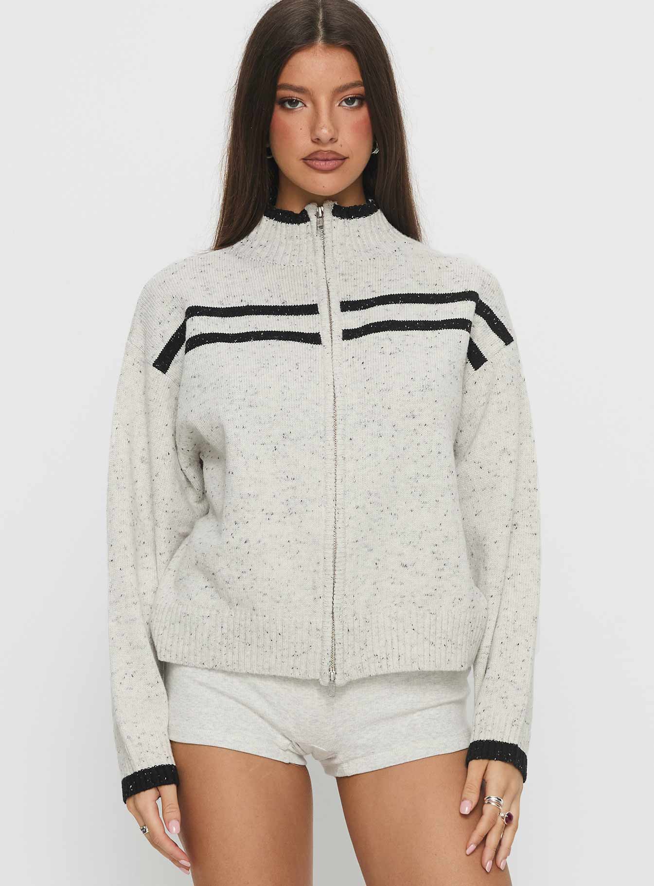 Overstayed Zip Through Cardigan Grey women's sweater by Ellevoria