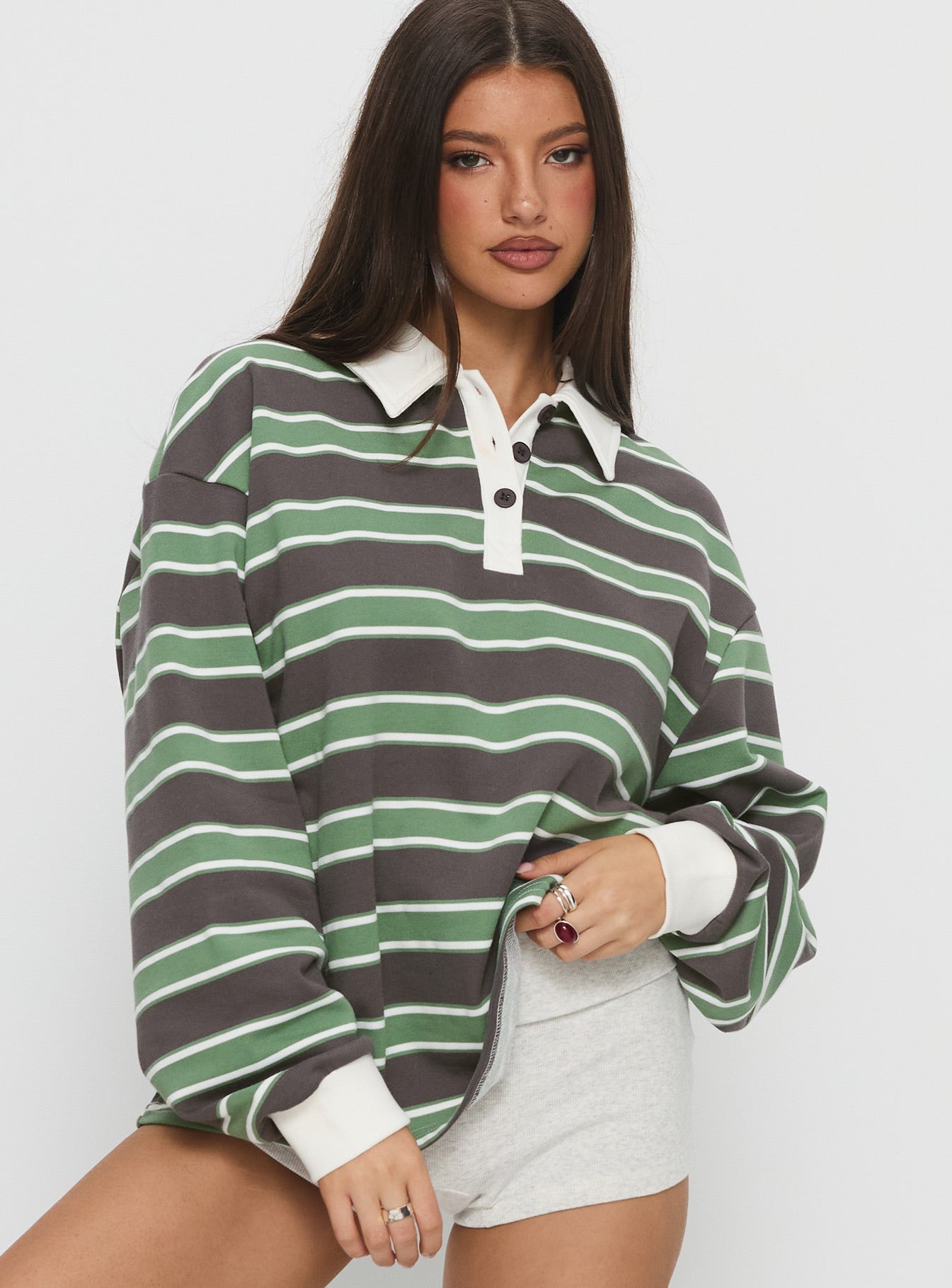Tycen Polo Rugby Jumper Green / Grey Stripe women's sweater by Ellevoria