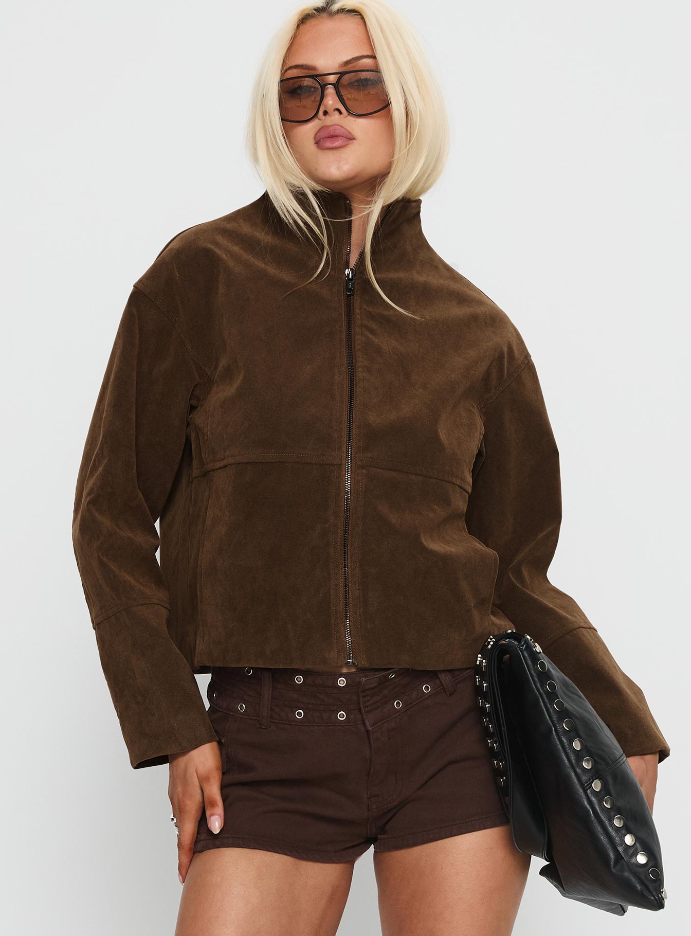 Jessalynn Faux Suede Zip Through Jacket Brown women's jacket by Ellevoria