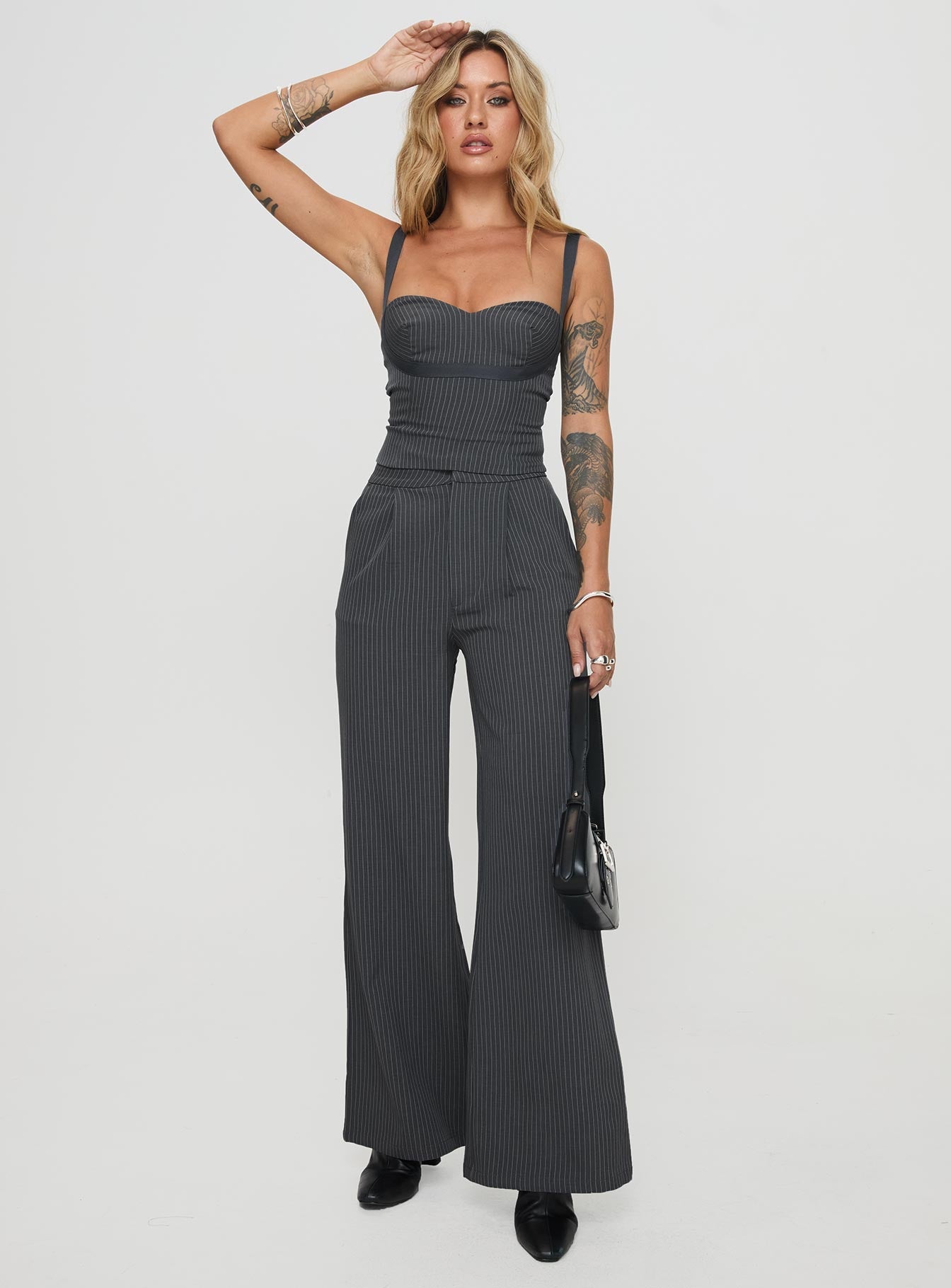 Briana Set Charcoal Pinstripe women's pant set by Ellevoria