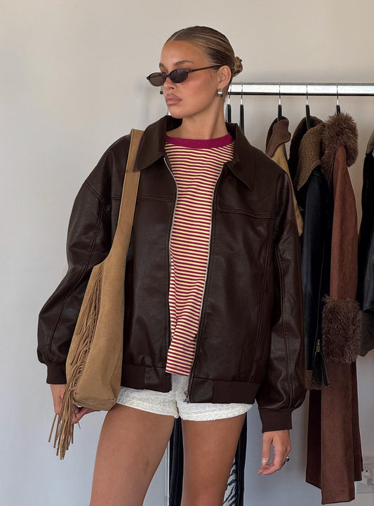Goldsmith Faux Leather Bomber Jacket Brown women's jacket by Ellevoria