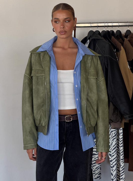 Tanza Faux Leather Jacket Washed Green women's jacket by Ellevoria