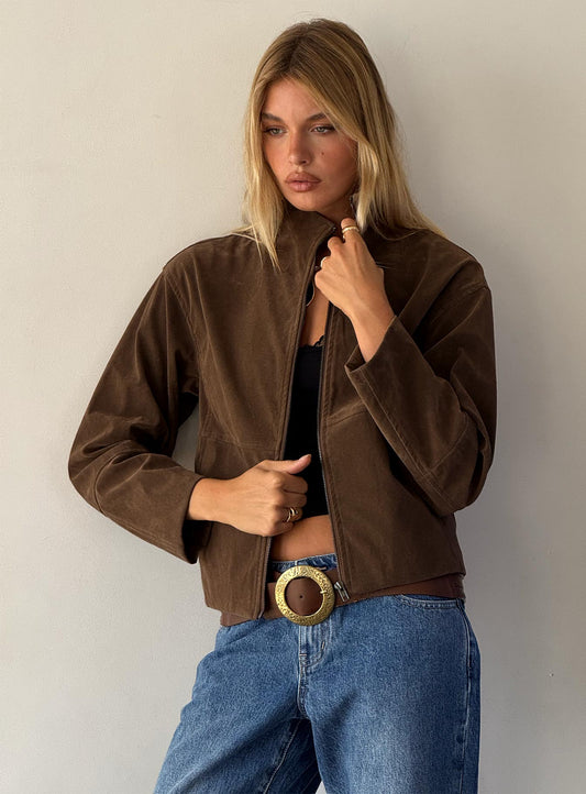 Jessalynn Faux Suede Zip Through Jacket Brown women's jacket by Ellevoria