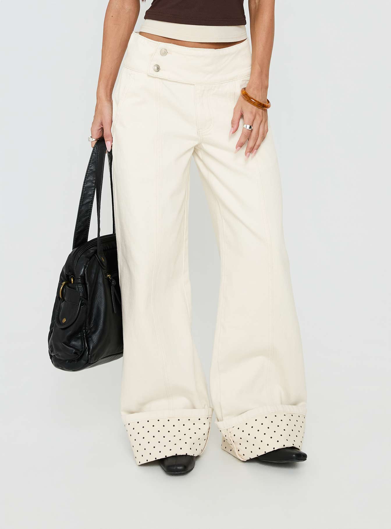 Nikoletta Foldover Jeans Cream / Polka women's denim jeans by Ellevoria