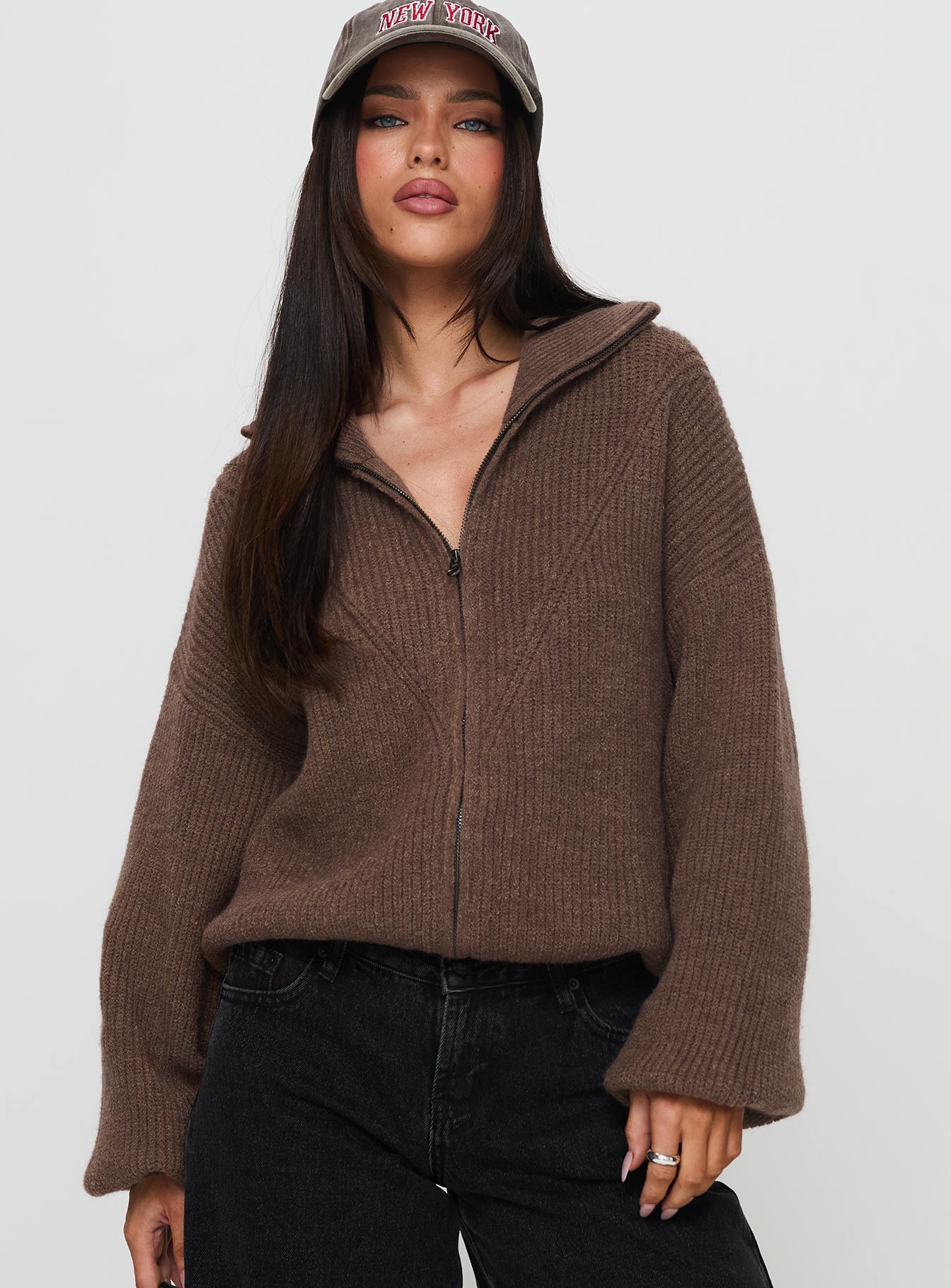 Hertford Zip Through Knit Sweater Brown women's sweater by Ellevoria