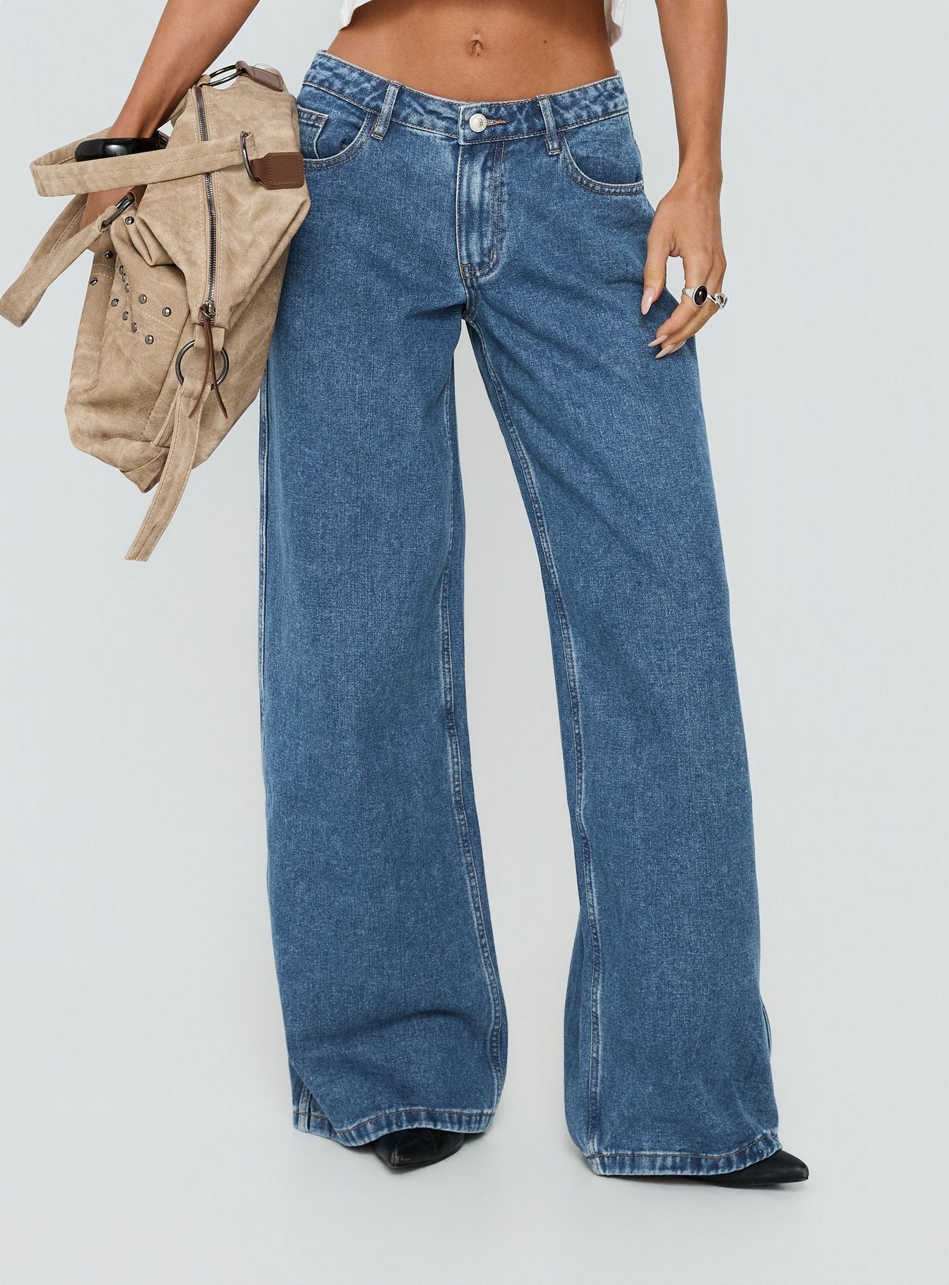 Ramos Low Rise Wide Leg Jeans Mid Blue Wash women's denim jeans by Ellevoria