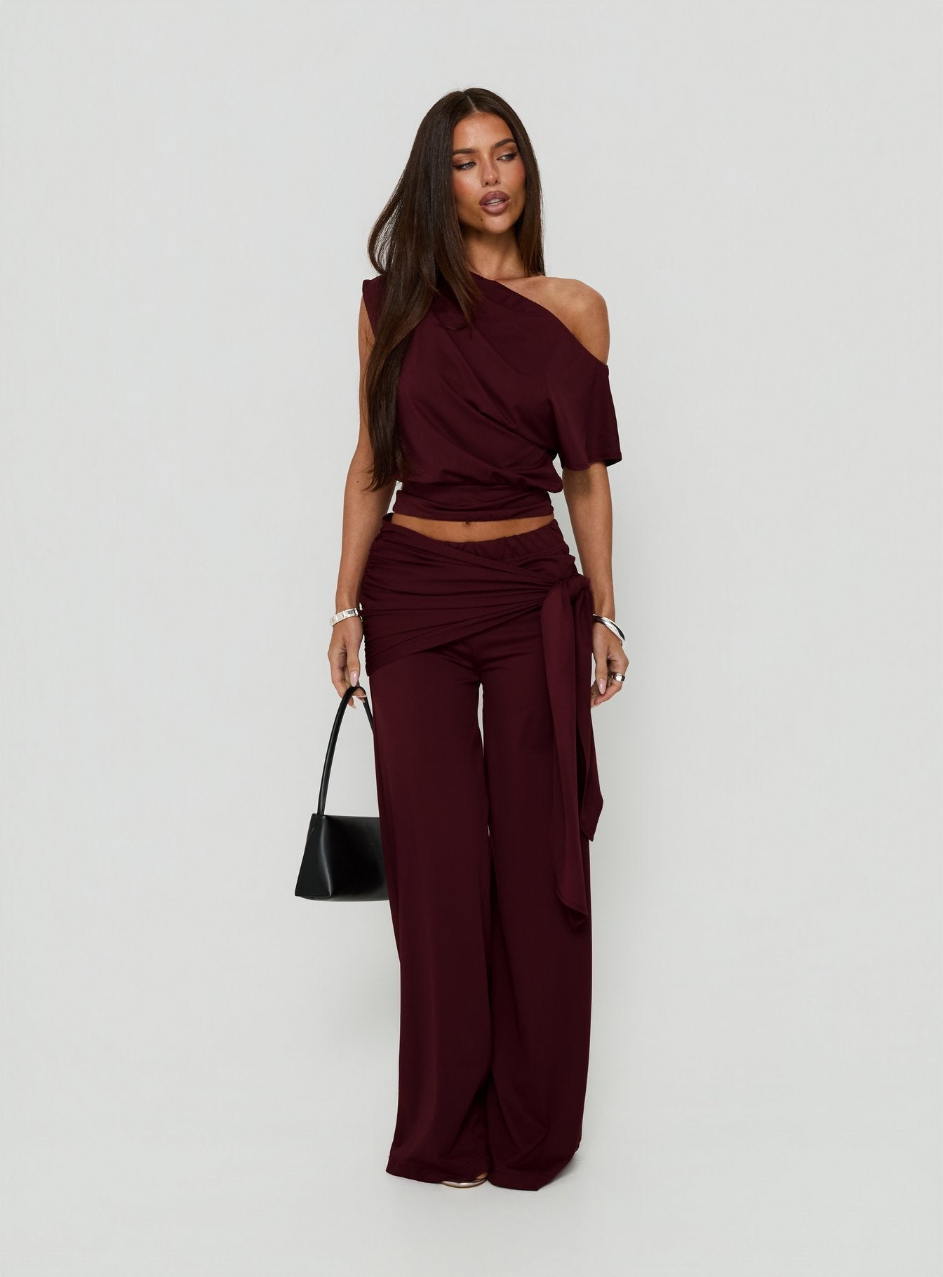 Hadlia Tie Waist Pants Burgundy women's pant set by Ellevoria