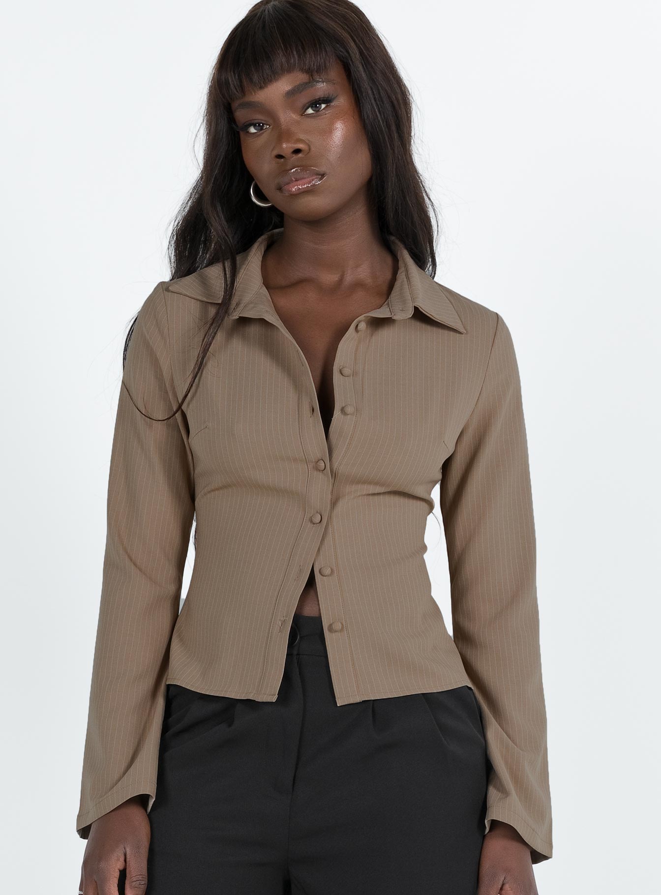 Anni Pinstripe Shirt Beige - women's shirt by Ellevoria - view 2