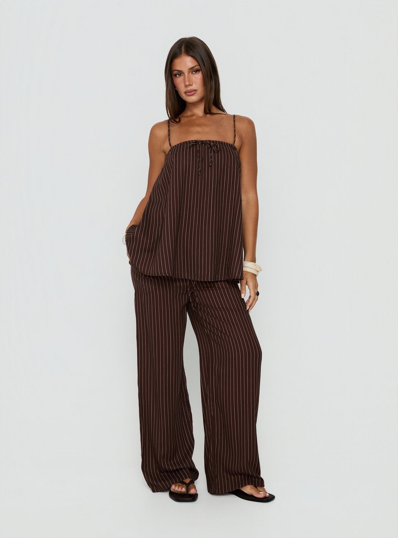 Amibella Mid Rise Wide Leg Pants Brown / Cream Stripe - loose fit women's bottoms by Ellevoria