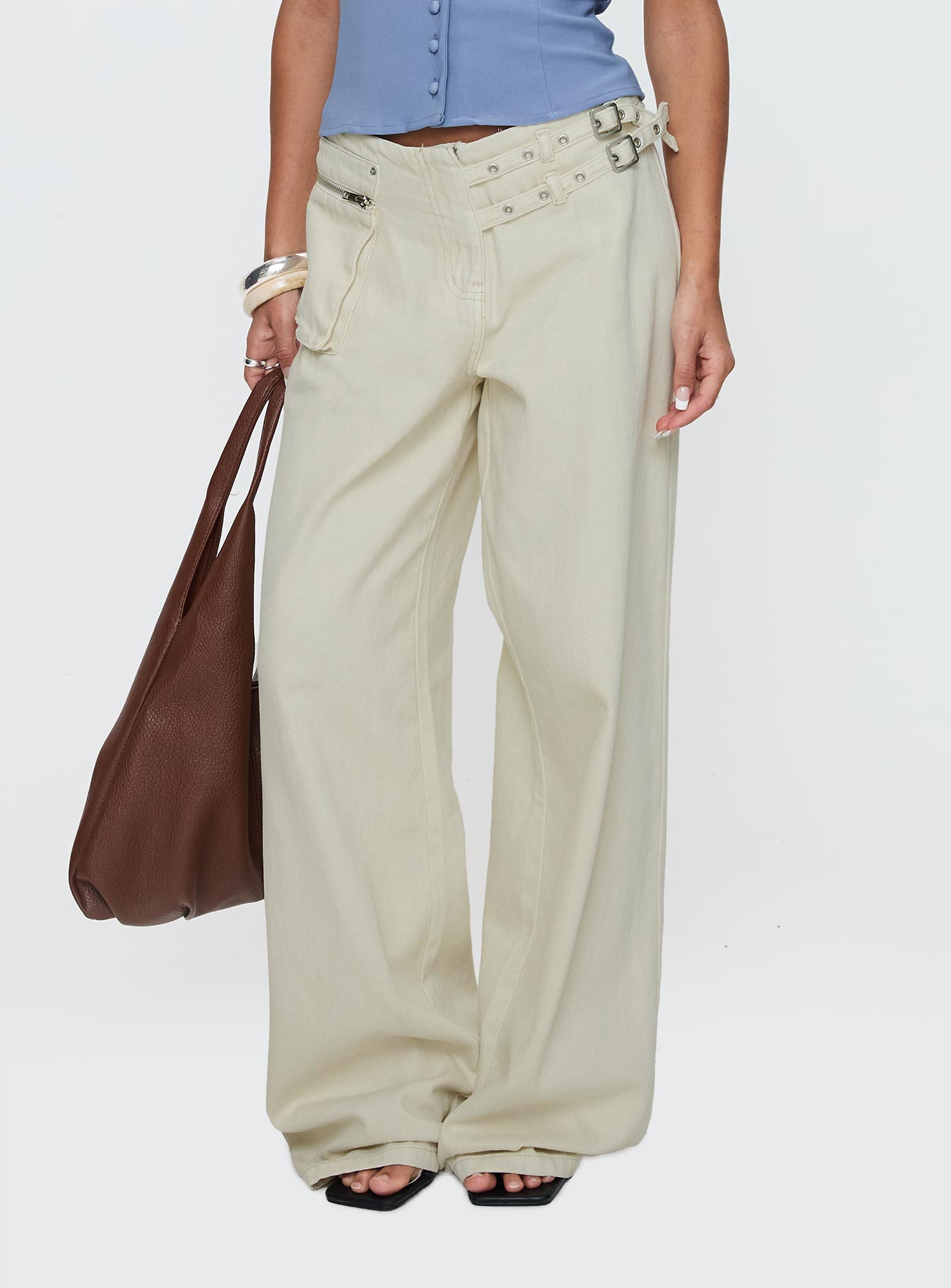 Paltrow Mid Rise Wide Leg Cargo Jeans Cream Petite women's denim jeans by Ellevoria