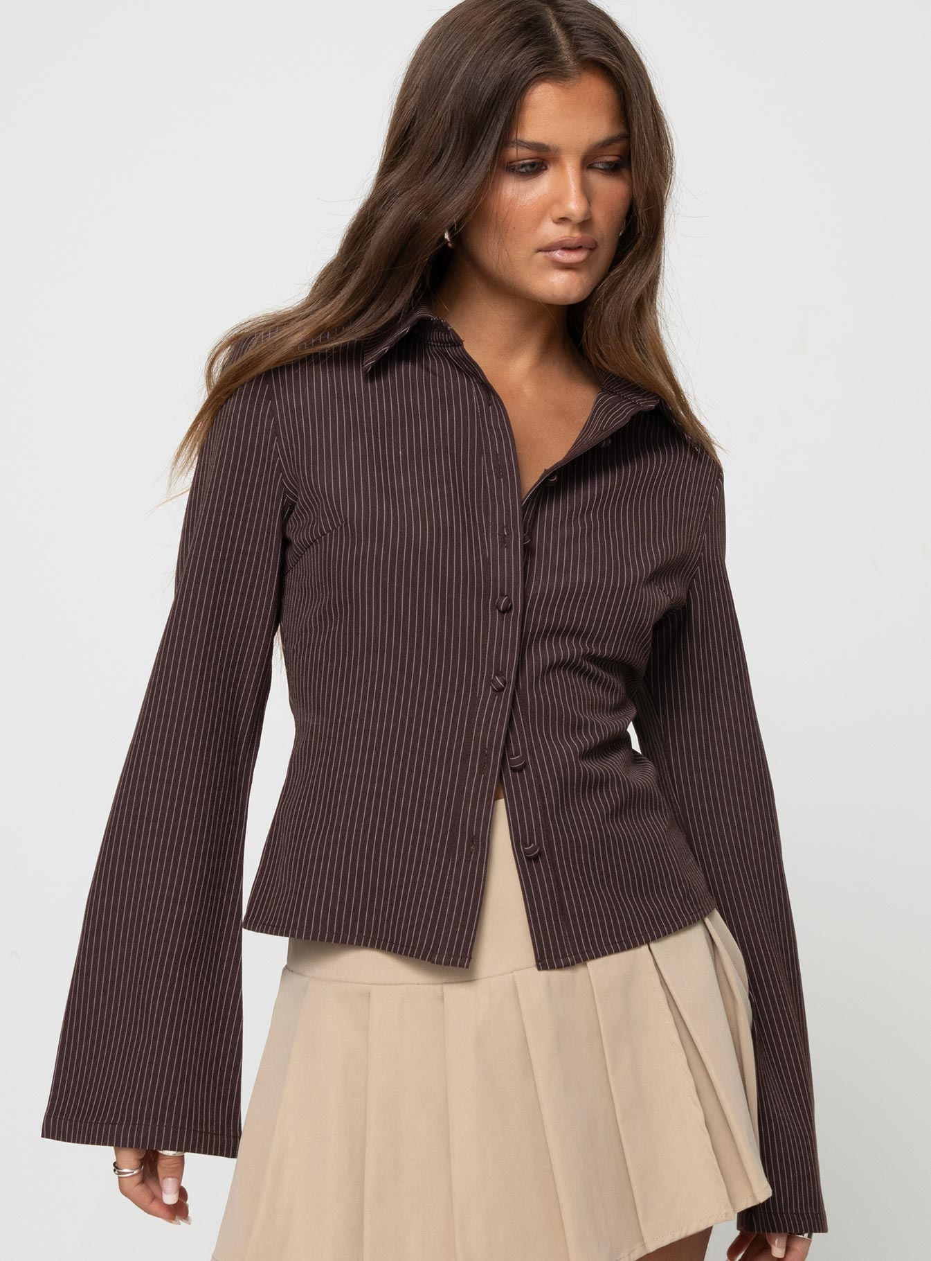 Anni Pinstripe Shirt Brown - women's shirt by Ellevoria - view 2