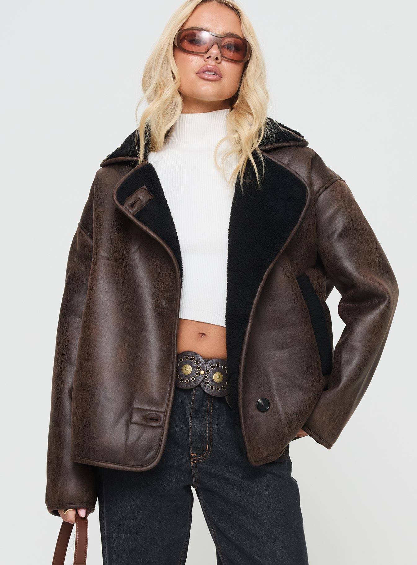 Nunez Faux Leather Jacket Washed Brown / Black women's jacket by Ellevoria