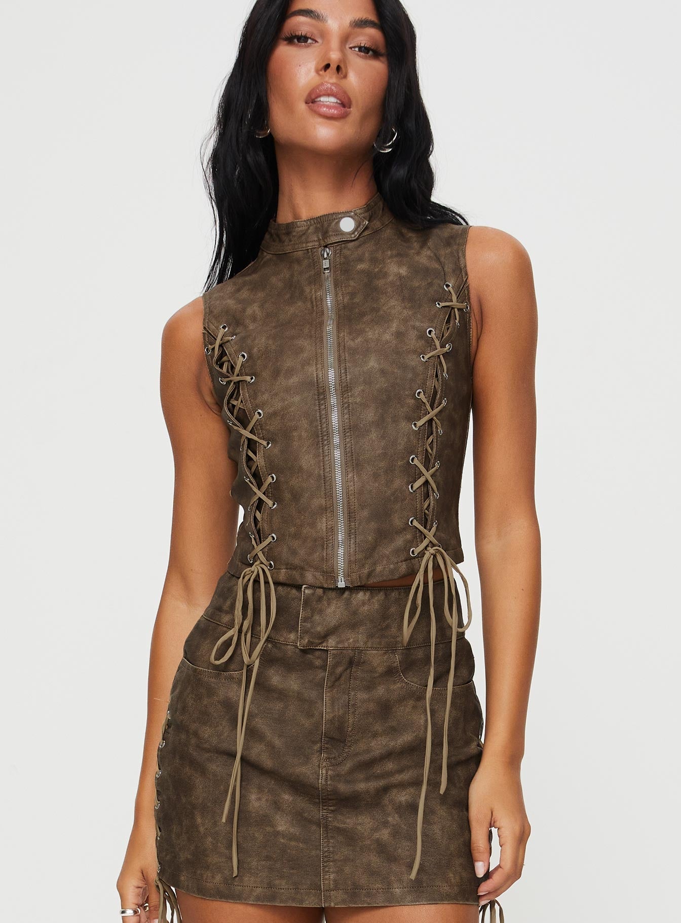 Ceejay Faux Leather Top Brown women's two piece set by Ellevoria