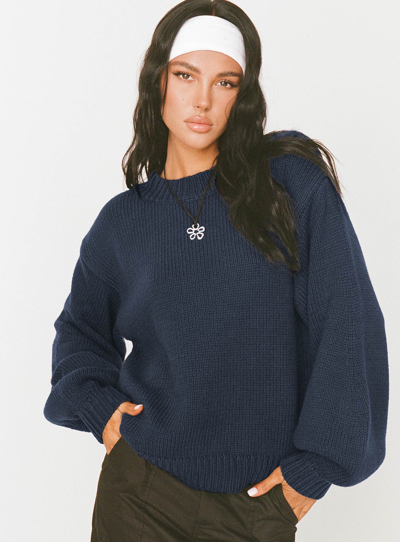 Harmony Balloon Sleeve Knit Sweater Navy women's sweater by Ellevoria
