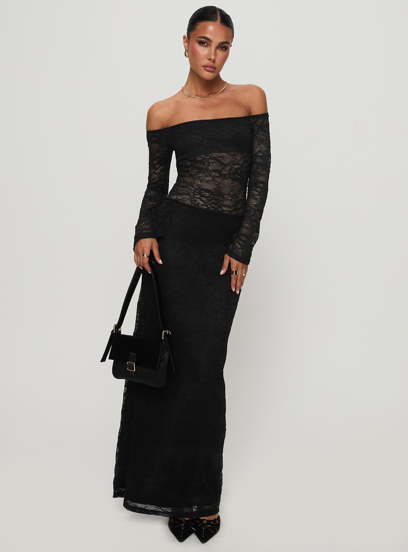 Pinot Grigio Long Sleeve Lace Maxi Dress Black - women's maxi dress by Ellevoria - view 2