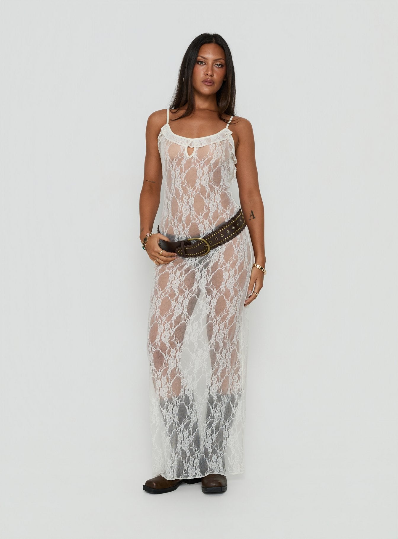 Wall Of Sound Sheer Lace Maxi Dress Antique White - women's maxi dress by Ellevoria - view 2