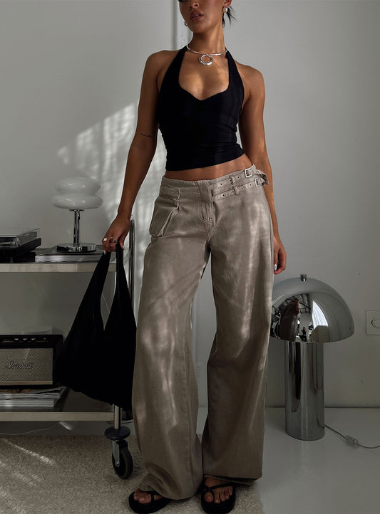 Paltrow Mid Rise Wide Leg Cargo Jeans Washed Brown Petite women's denim jeans by Ellevoria