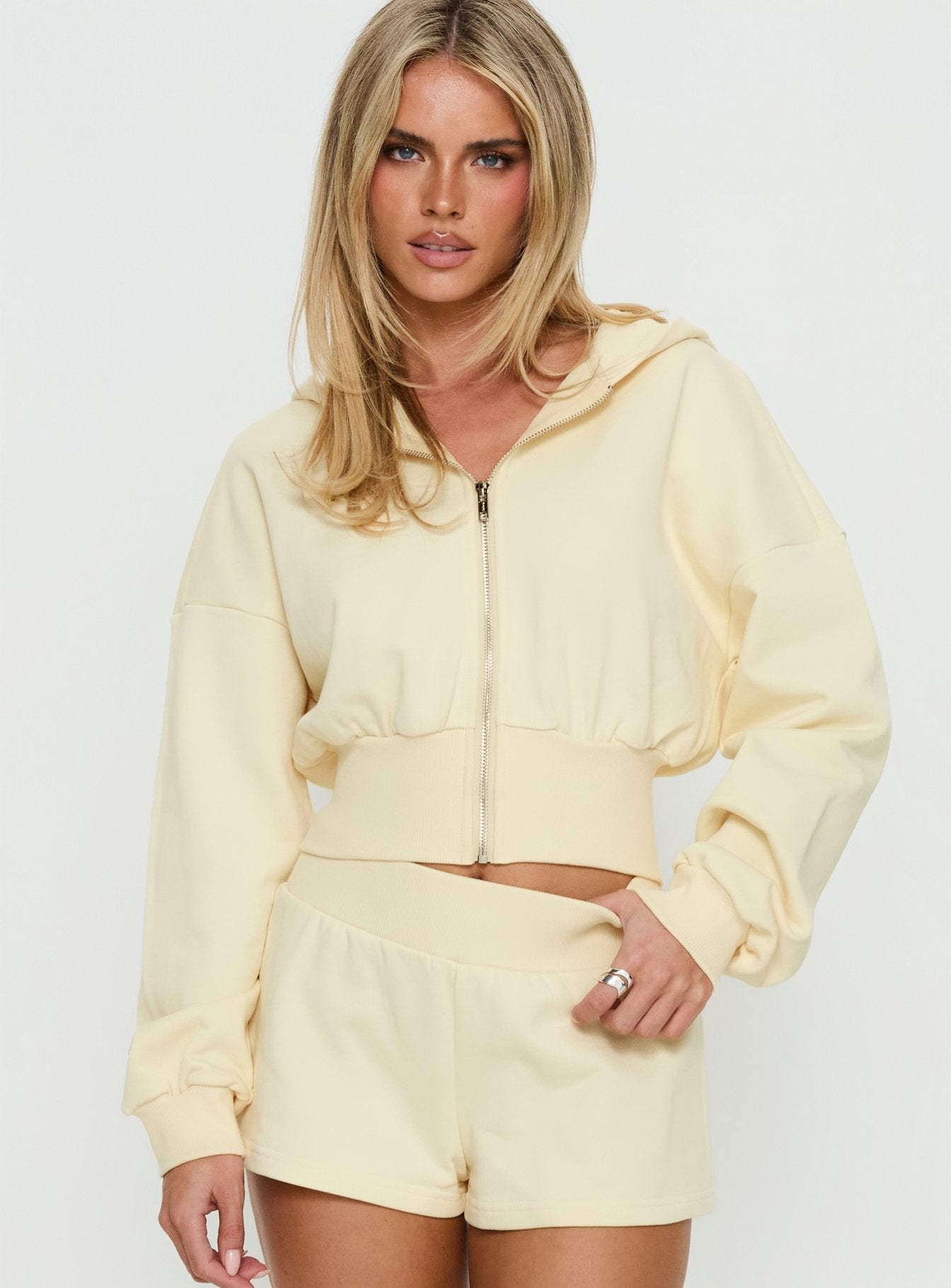 Daytime Cropped Blouson Hoodie Buttercream women's sweater by Ellevoria