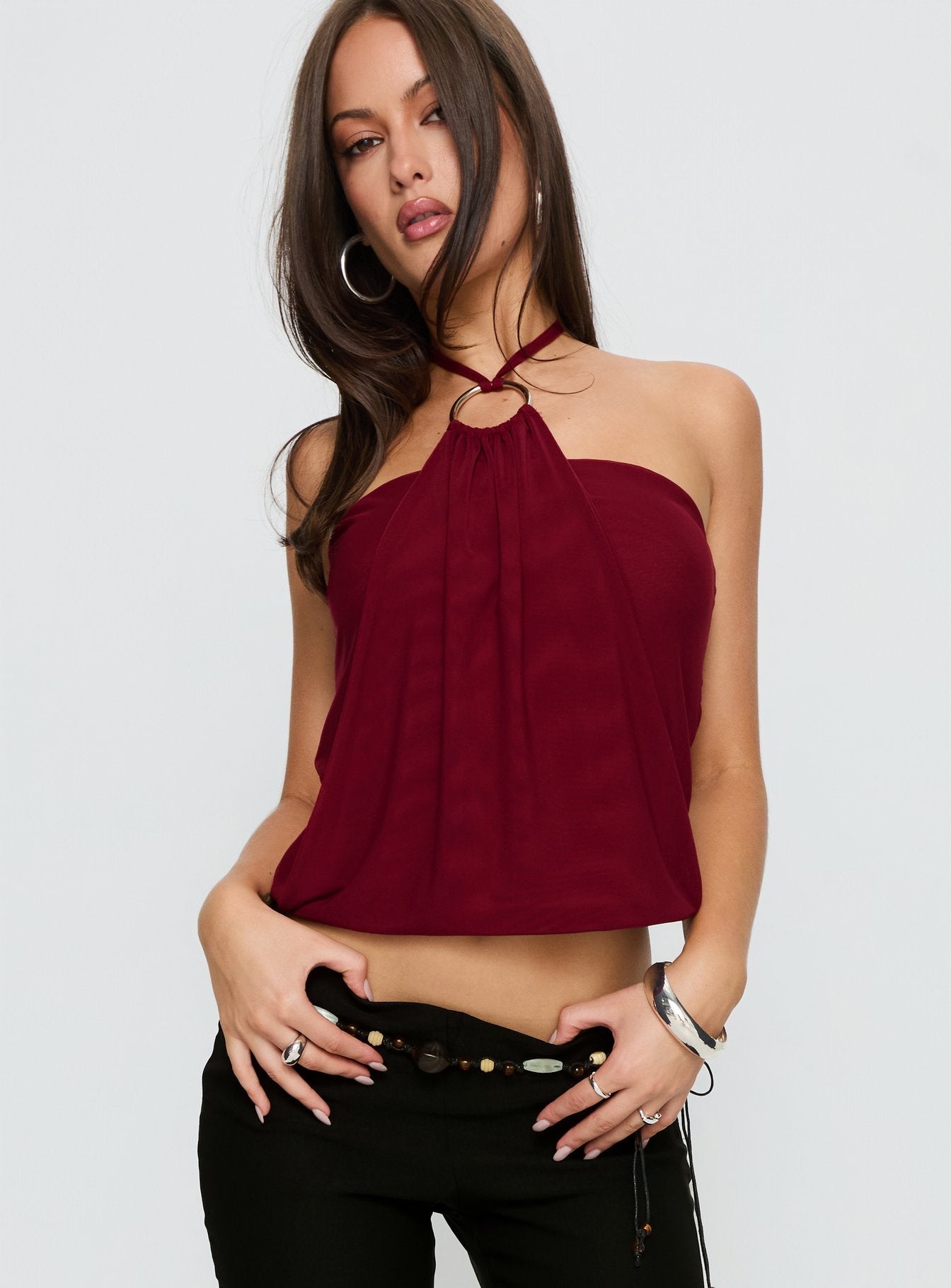 Hedlea Draped Ring Detail Top Wine - women's top by Ellevoria - view 2