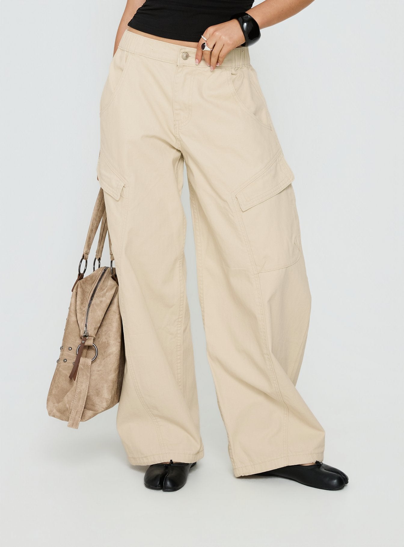 Selective Memory Low Rise Wide Leg Cargo Pants Cream - loose fit women's bottoms by Ellevoria