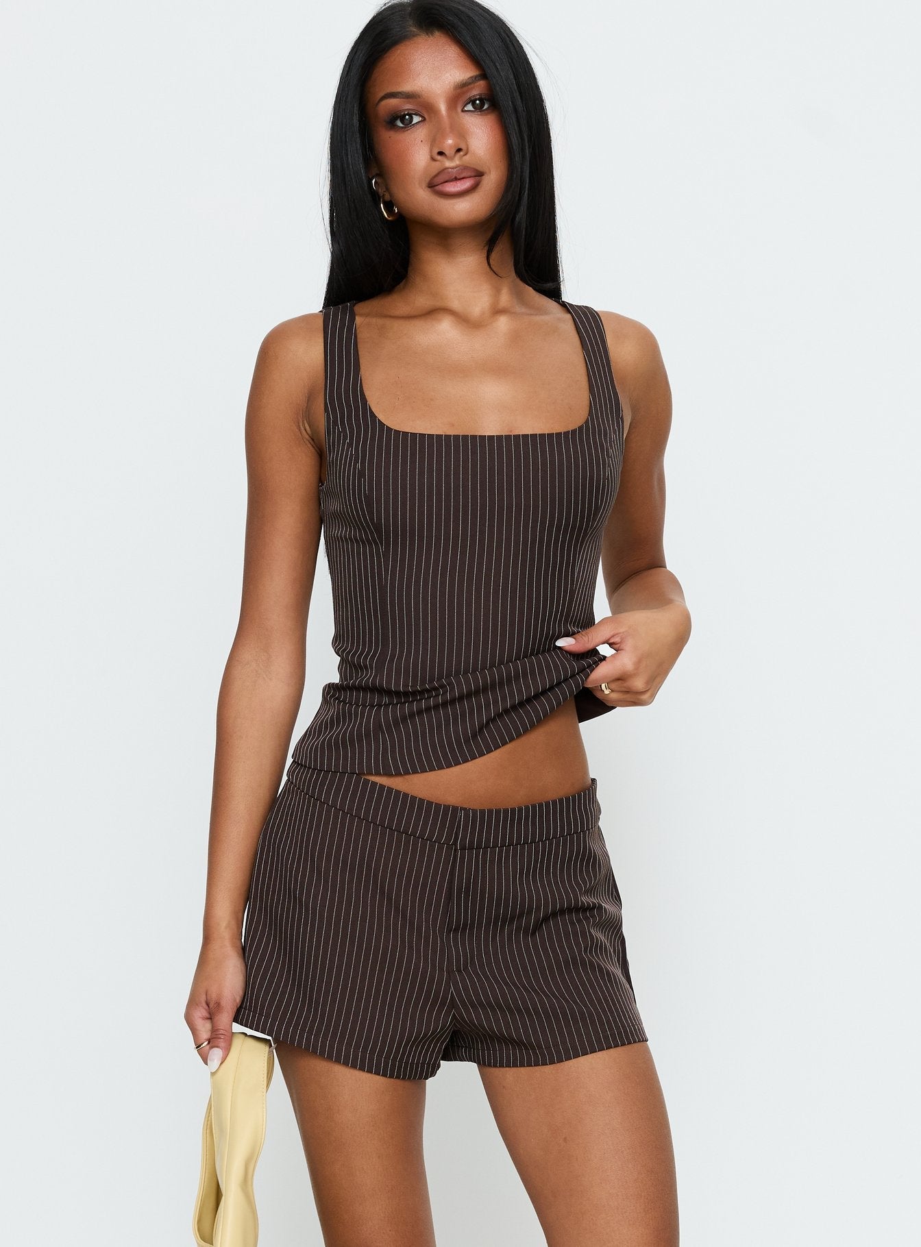 Party Invitations Tailored Shorts Brown Pinstripe women's two piece set by Ellevoria