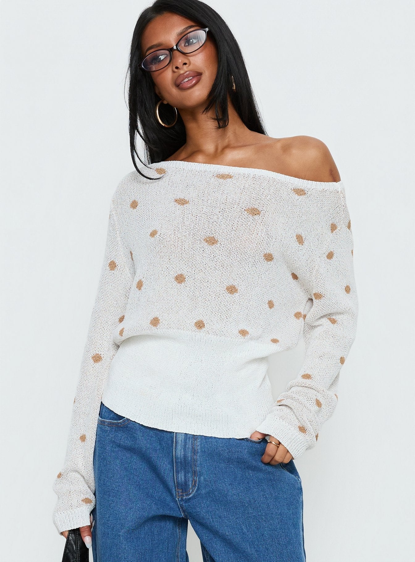 Harvy Off Shoulder Knit Sweater White Polka women's sweater by Ellevoria