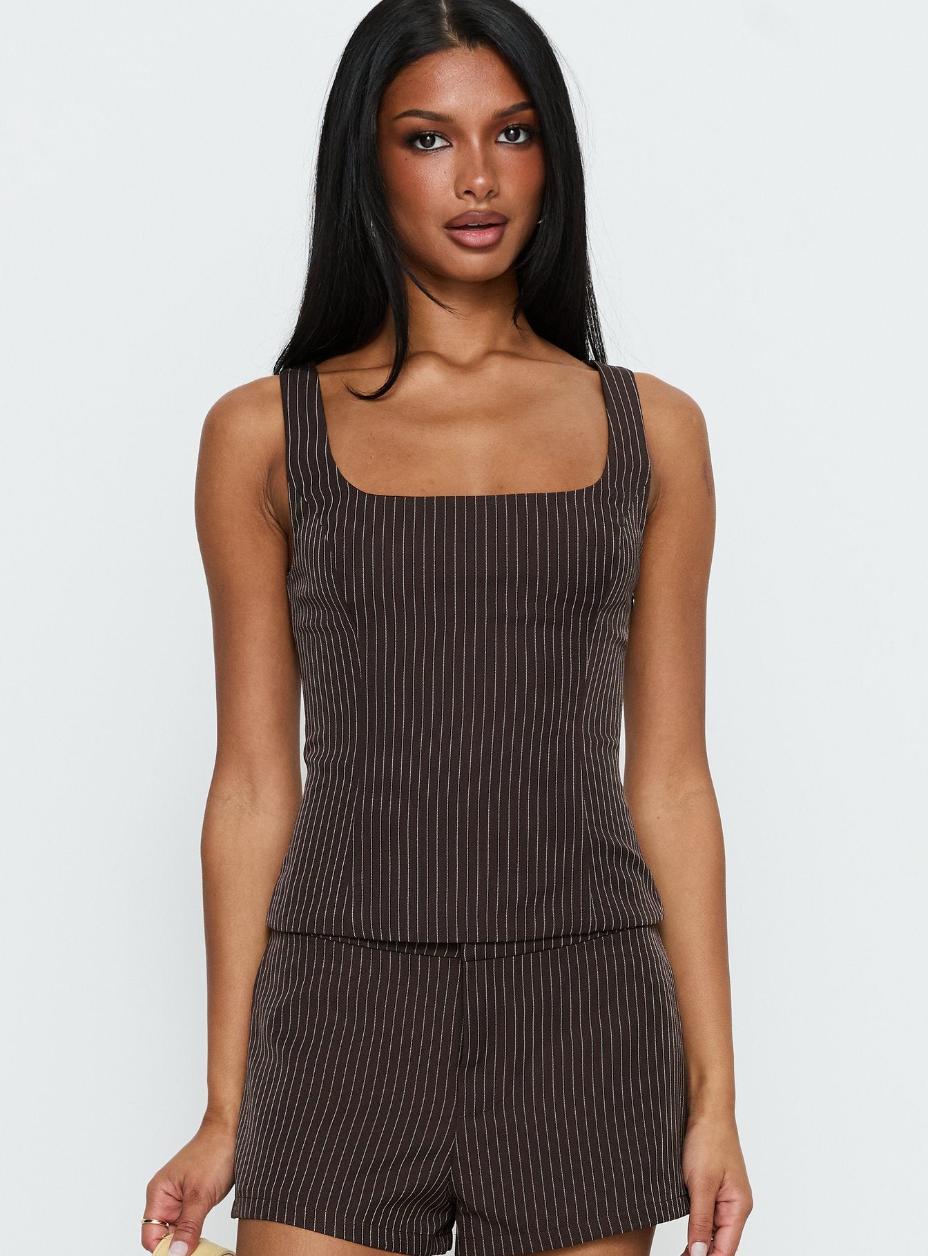 Party Invitations Tailored Top Brown Pinstripe women's two piece set by Ellevoria