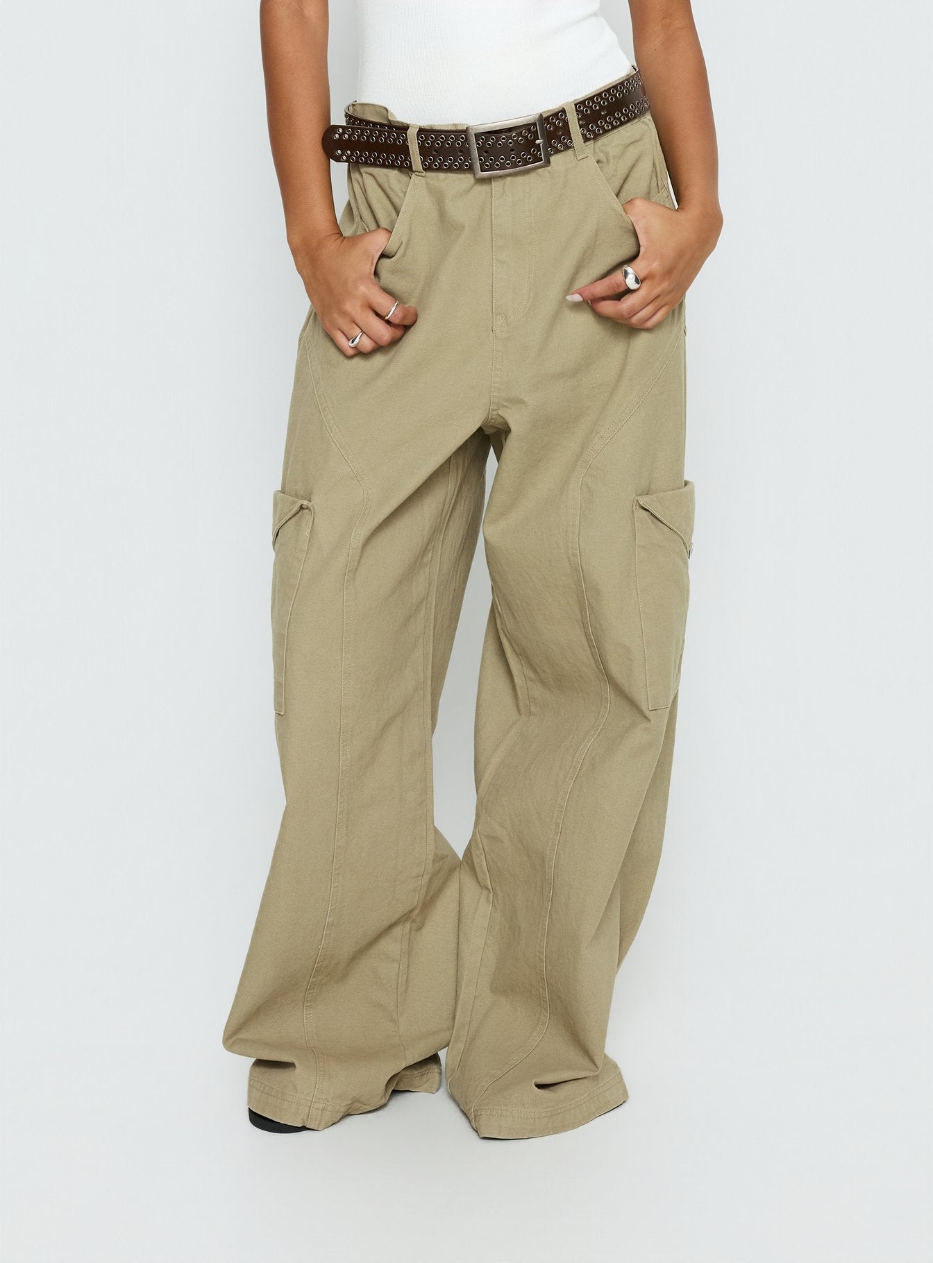Sylene Pocket Detail Cargo Pants Khaki - loose fit women's bottoms by Ellevoria