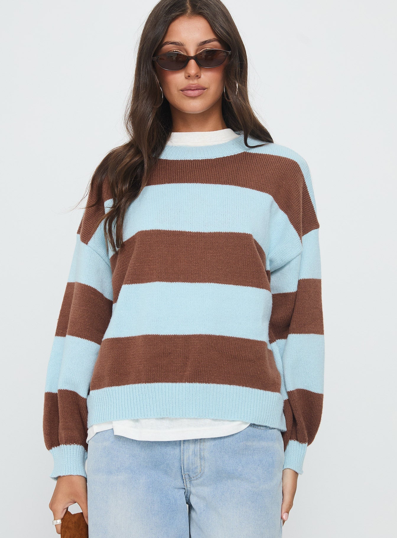 Ardentia Crew Neck Knit Sweater Aqua Stripe women's sweater by Ellevoria