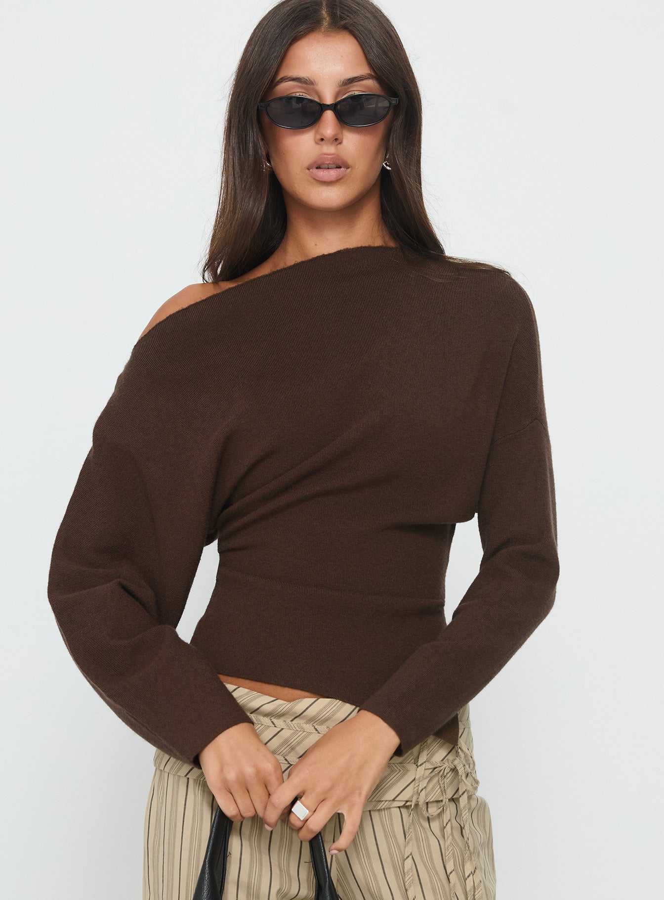 Kaelith Off Shoulder Knit Sweater Brown women's sweater by Ellevoria