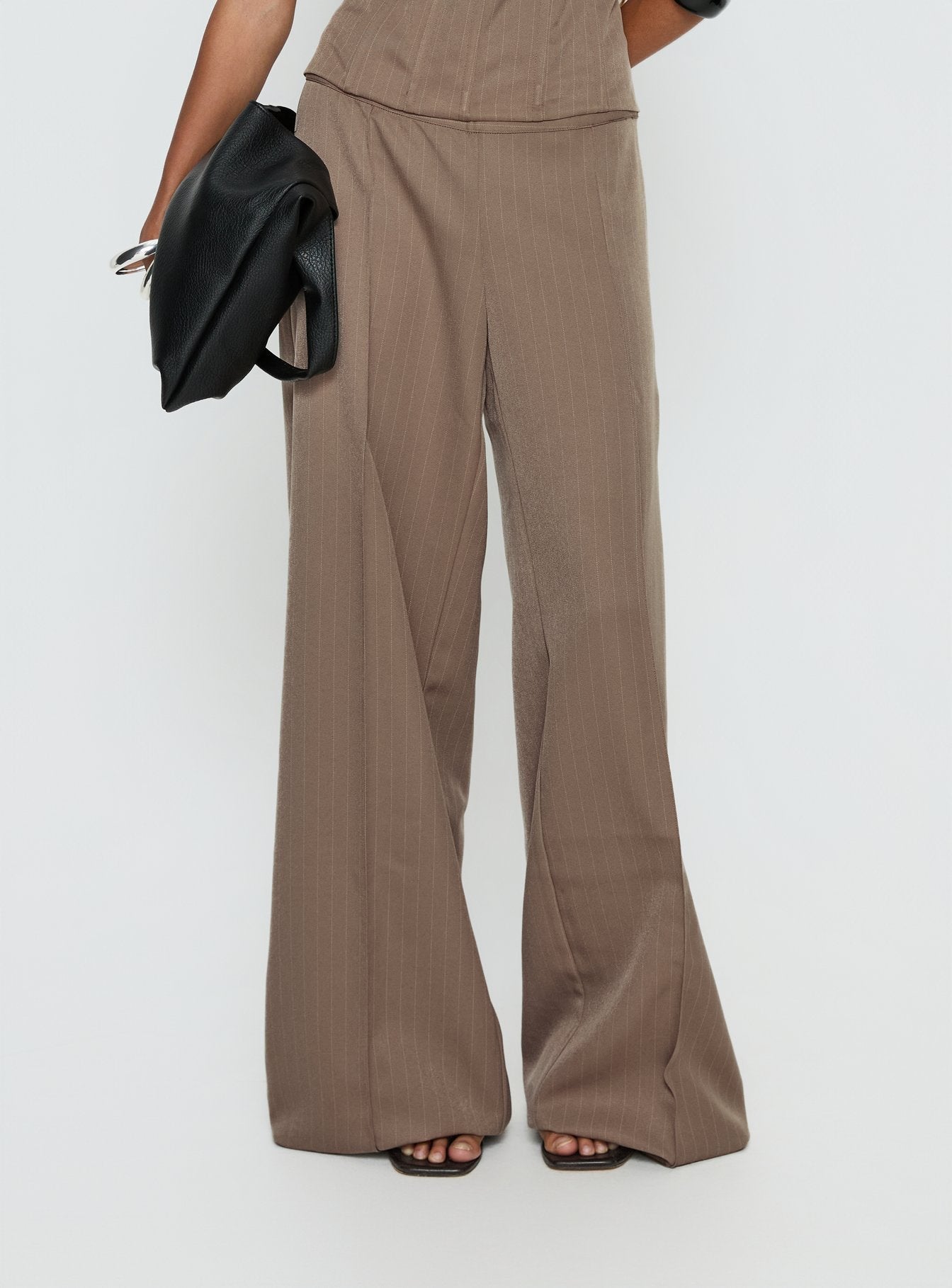 Madelle Mid Rise Straight Leg Pants Brown Pinstripe women's pant set by Ellevoria