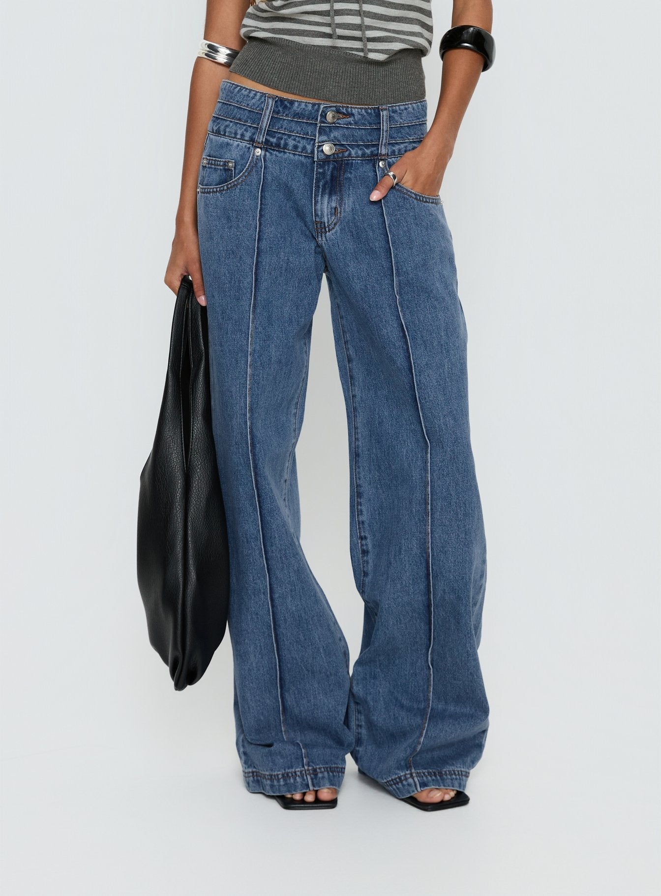 Hannalee Low Rise Wide Leg Jeans Mid Blue Wash women's denim jeans by Ellevoria