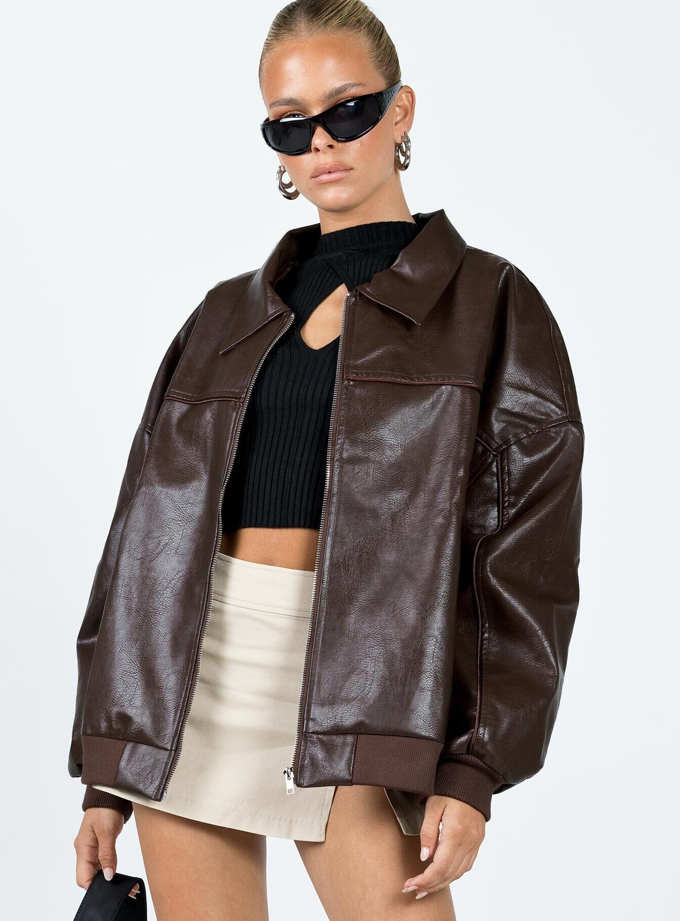 Goldsmith Faux Leather Bomber Jacket Brown women's jacket by Ellevoria