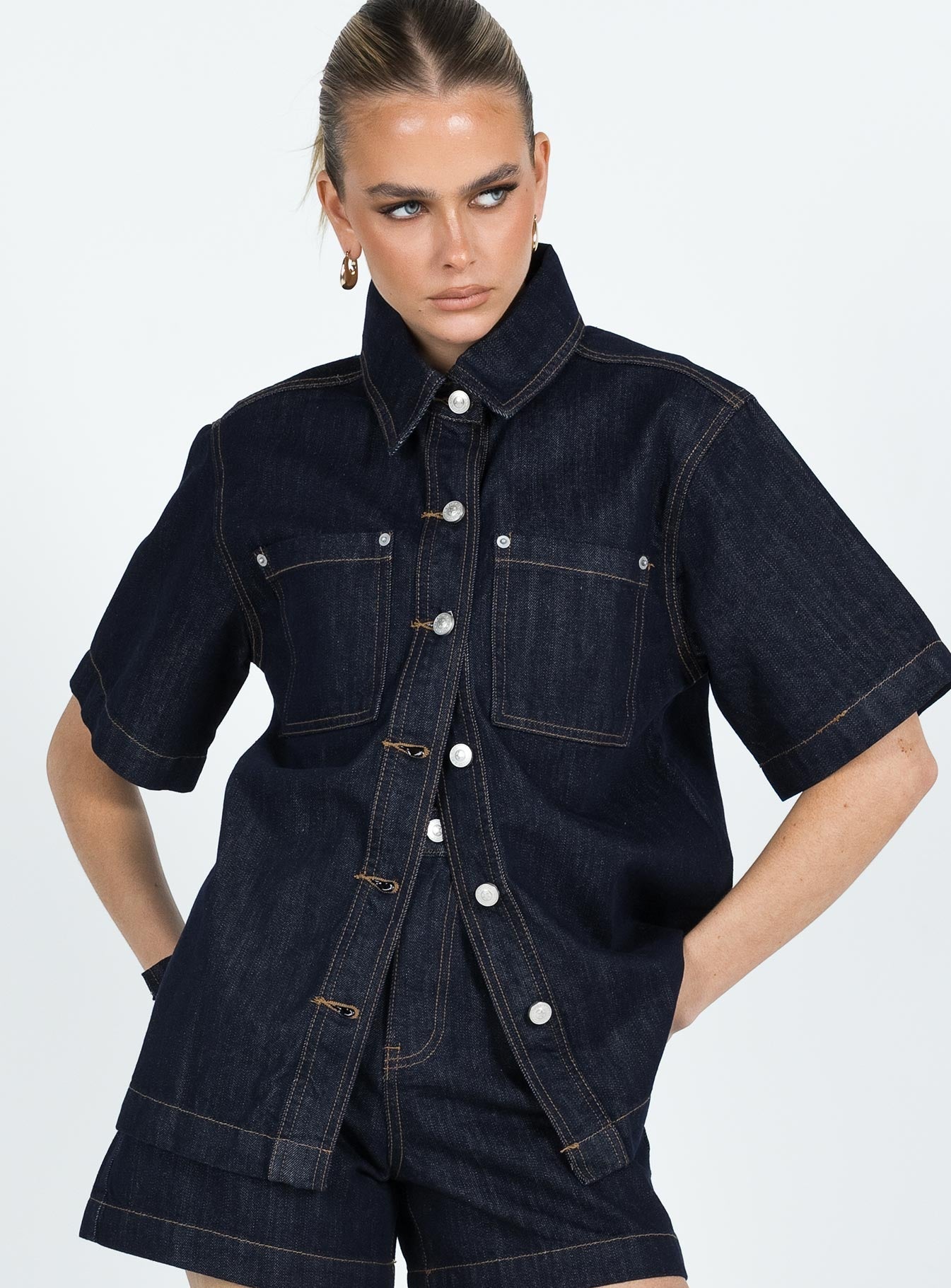 Whitaker Short Sleeve Shacket Dark Denim - women's shirt by Ellevoria - view 2